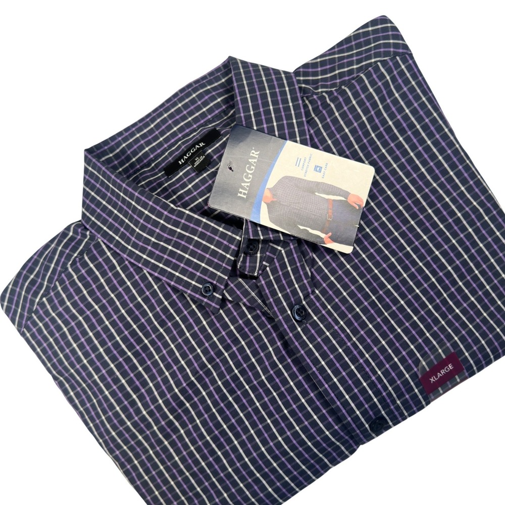 Haggar Shirt Mens XL Navy Purple Plaid Stretch Button Down‎ Long Sleeve NWT